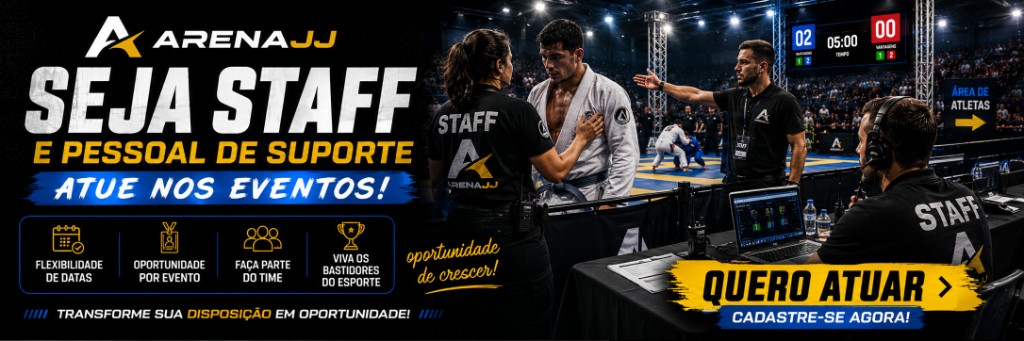 Seja staff na CombateJJ. Atue nos eventos de jiu-jitsu — cadastre-se agora.